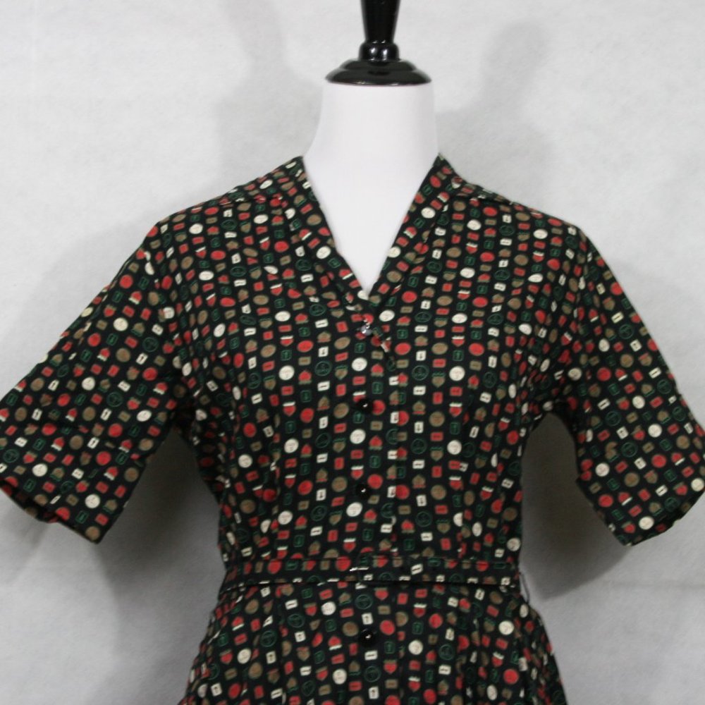 Vintage 50's Susan Ross Black Cotton Road Sign Midi Dress w/ Belt SZ S EUC - Picture 3 of 8